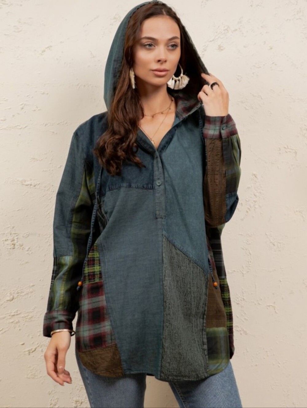 Young Threads Dusty Teal Patchwork Plaid Hooded Tunic Top NWT S-XL